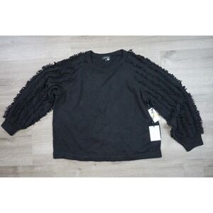 New 1.STATE Women's Medium Black Knit Fringe Trim Boxy Crop Crew Sweatshirt